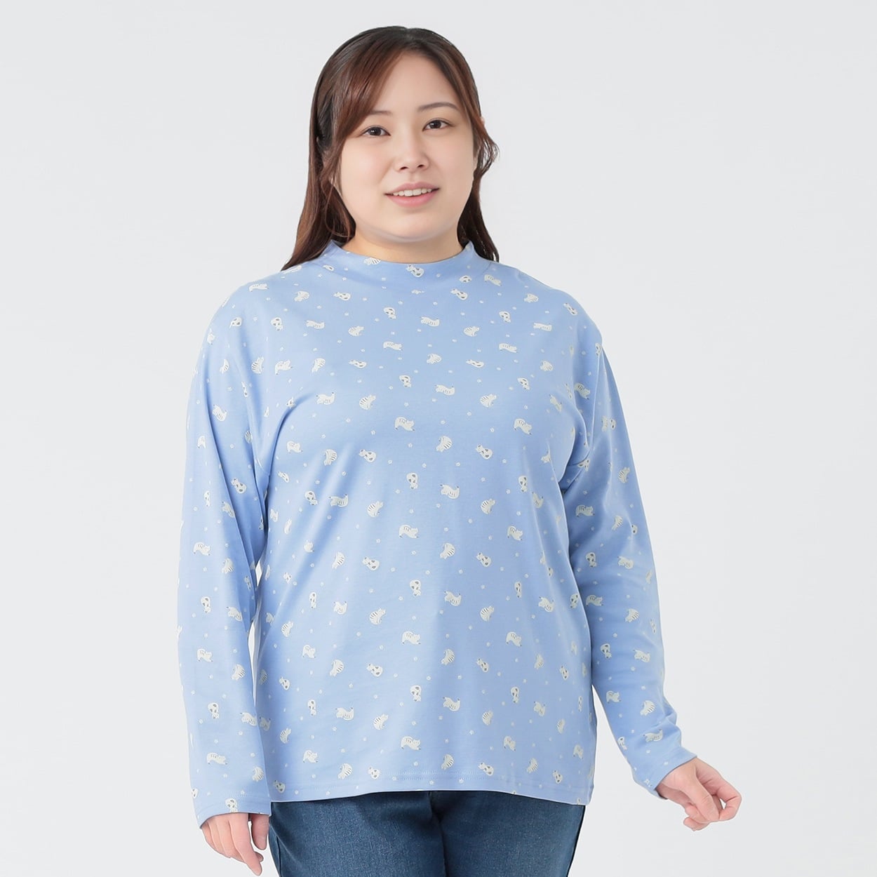 オーガニックコットン＊ハイネック長袖Tシャツ（猫総柄） レディス