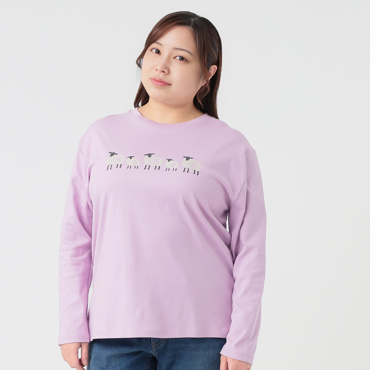 mannine 長袖シャツ 緑・ピンク 猫柄 大きいサイズ プラスサイズ 綿混