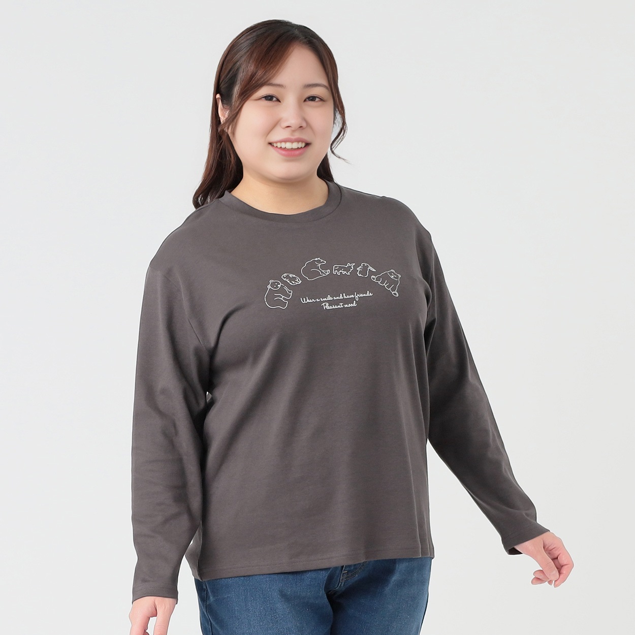 オーガニックコットン＊丸首長袖Tシャツ（くまとウサギ柄） レディス