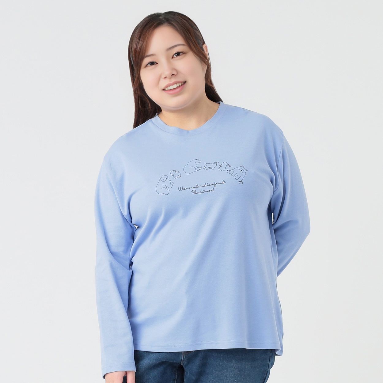 オーガニックコットン＊丸首長袖Tシャツ（くまとウサギ柄） レディス