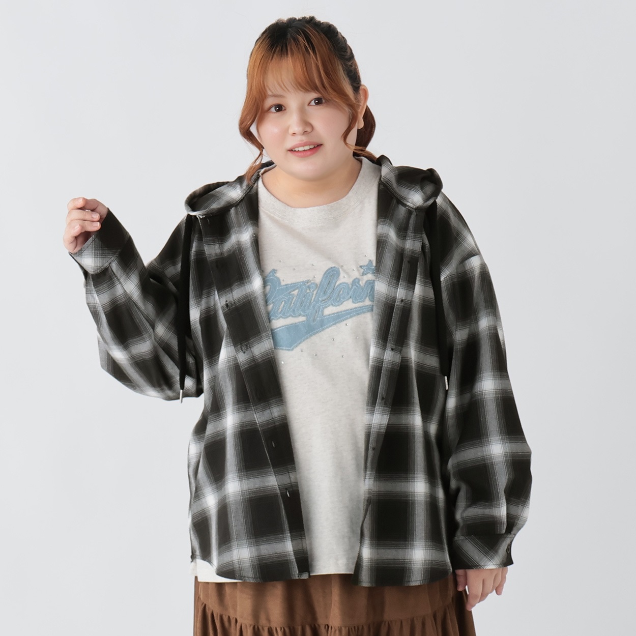 チェックフード付きシャツ レディス ぽっちゃりサイズのnoannu