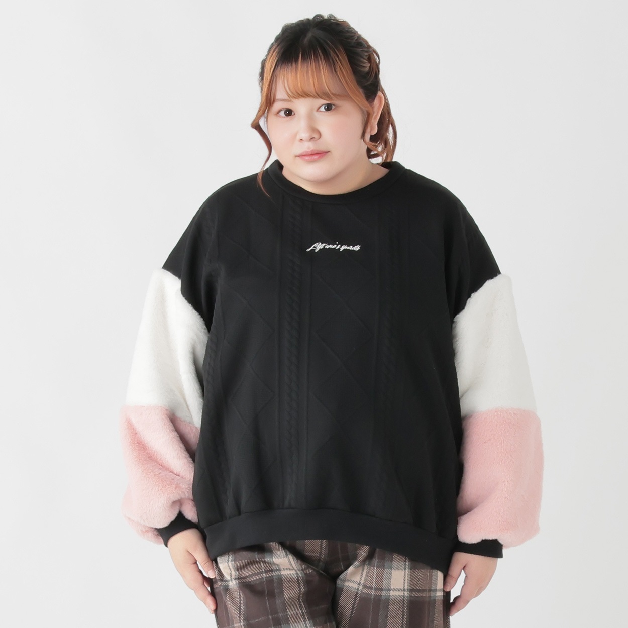 ケーブル袖配色ファープルオーバー レディス ぽっちゃりサイズの