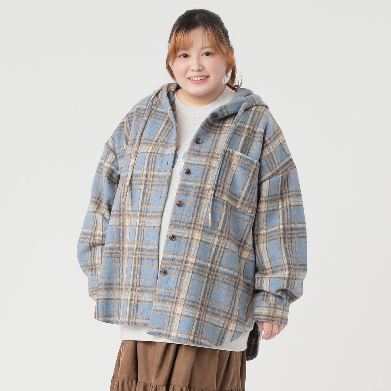 シャギーチェックシャツ シャギーチェックフードシャツジャケット レディス ぽっちゃりサイズの
