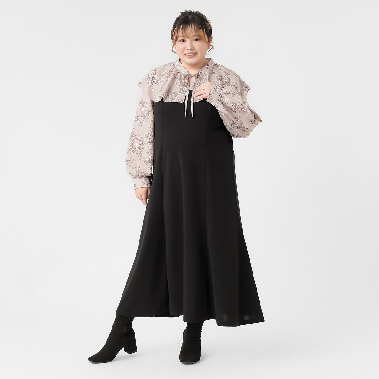 ラッフル衿ドッキングワンピース レディス ぽっちゃりサイズのnoannu