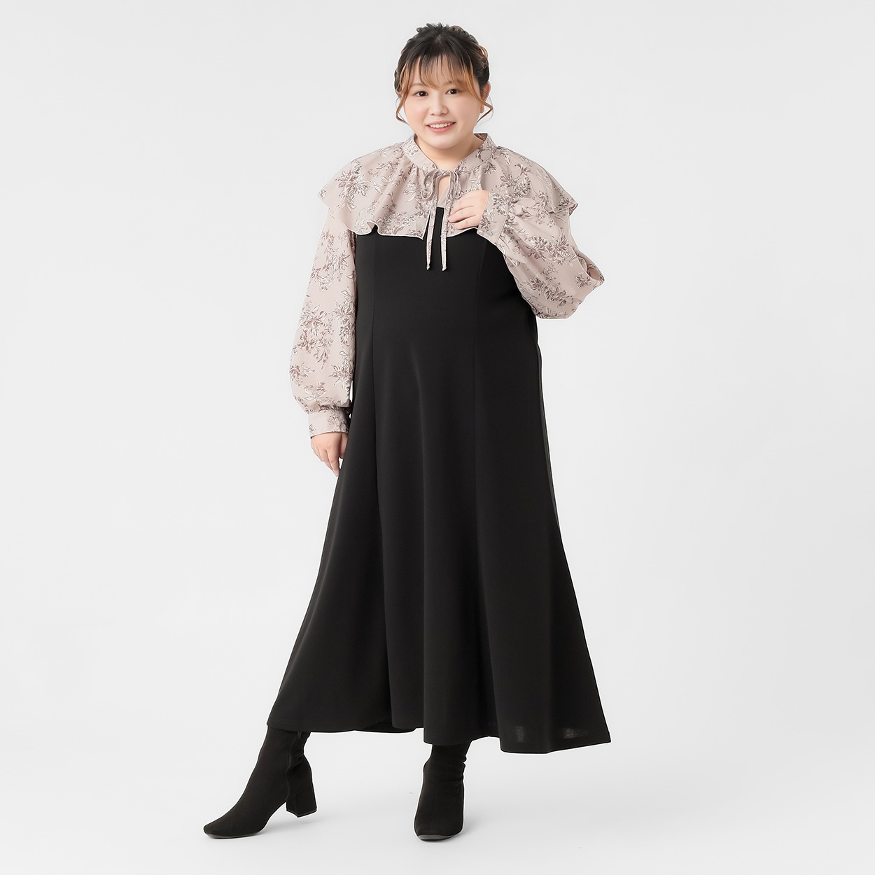 ラッフル衿ドッキングワンピース レディス ぽっちゃりサイズのnoannu