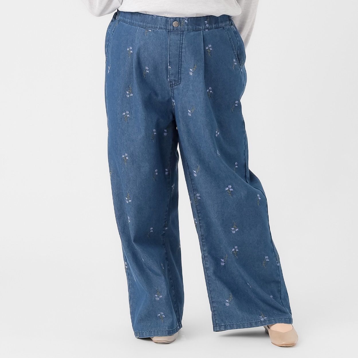 花刺繍デニムワイドパンツ レディス ぽっちゃりサイズのnoannu 336326