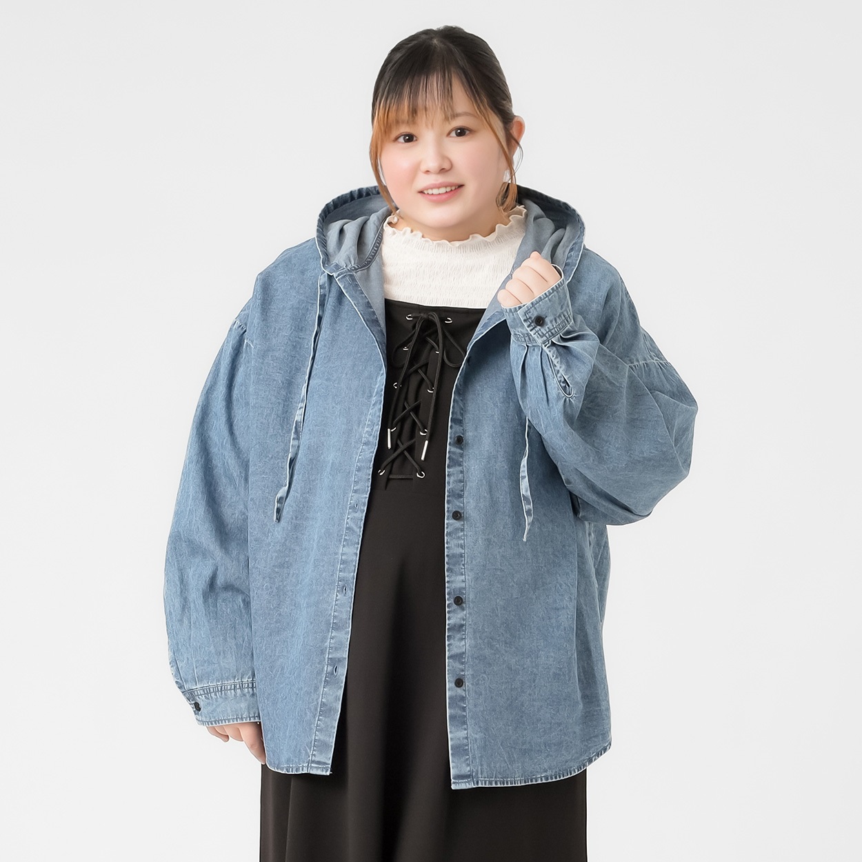 フード付きデニムシャツ レディス ぽっちゃりサイズのnoannu 396196