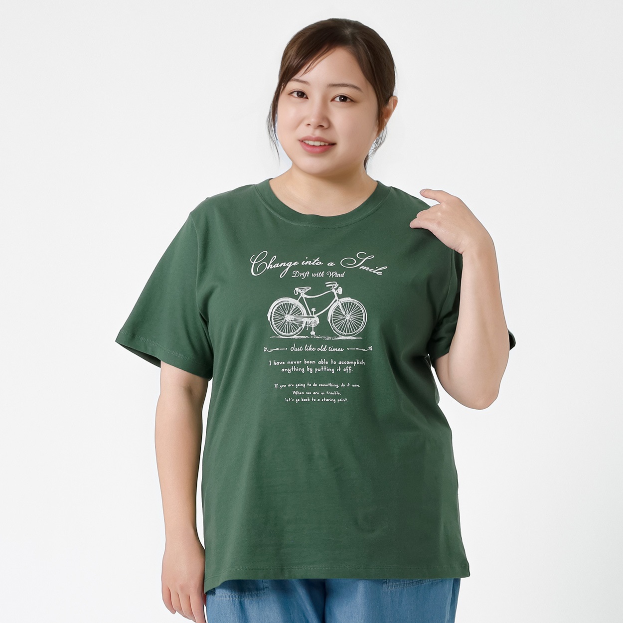 ＊オーガニックコットン＊自転車プリント半袖Tシャツ レディス 大きいサイズ noannu 1980-2814F(カーキ-4L)