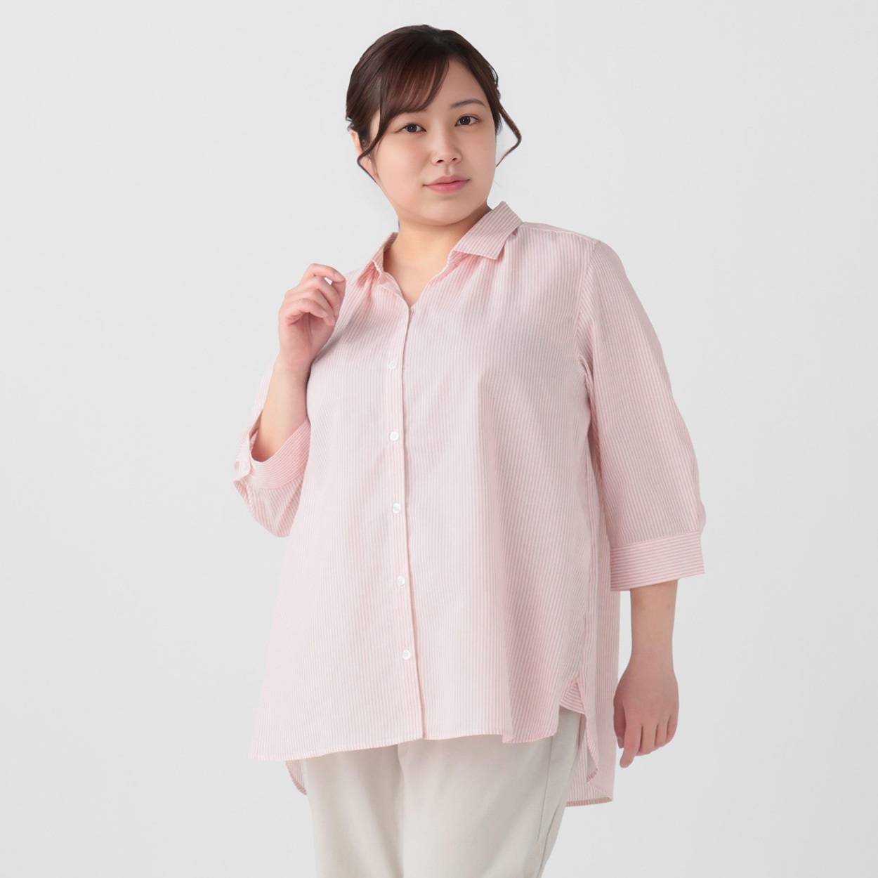 カルゼストライプシャツ レディス 大きいサイズ noannu 436-5025-5(ピンク-4L)