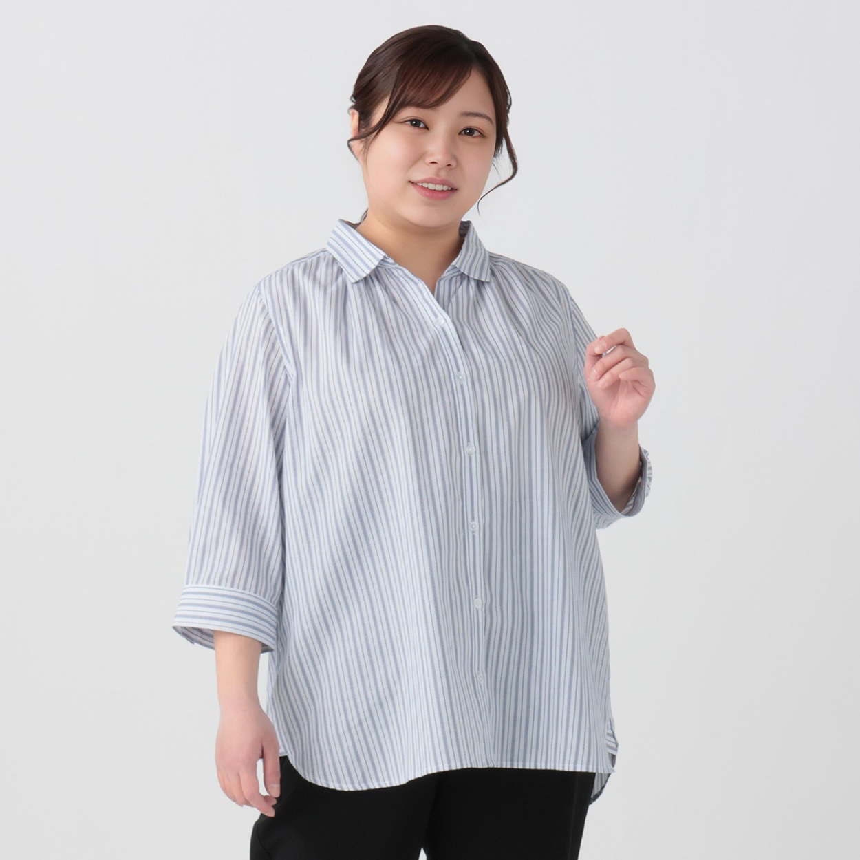 カルゼストライプシャツ レディス 大きいサイズ noannu 436-5025-5(ネイビー-5L)