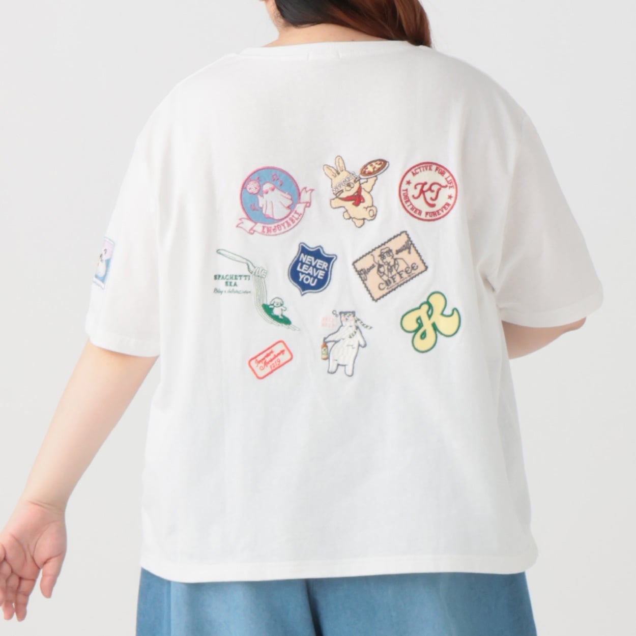 【EC限定 5Lサイズセール】5分袖綿100％ワッペンTシャツ レディス ぽっちゃりサイズのnoannu 130622(オフ-5L)