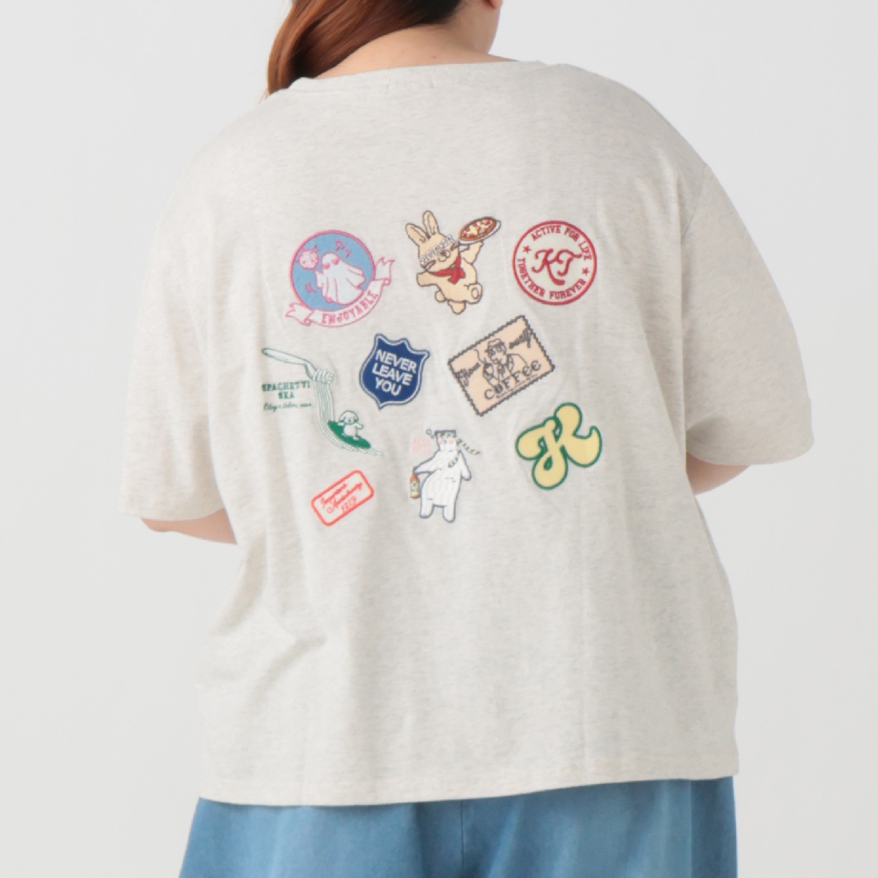 【EC限定 5Lサイズセール】5分袖綿100％ワッペンTシャツ レディス ぽっちゃりサイズのnoannu 130622(オートミール-3L)