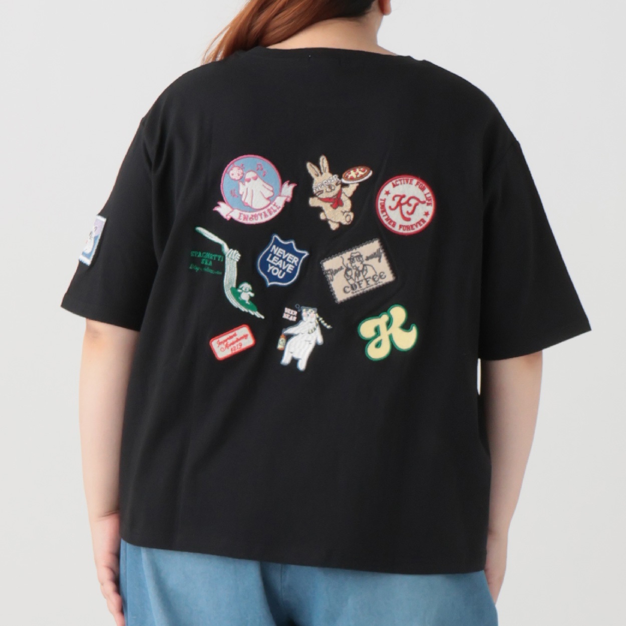 【EC限定 5Lサイズセール】5分袖綿100％ワッペンTシャツ レディス ぽっちゃりサイズのnoannu 130622(ブラック-4L)
