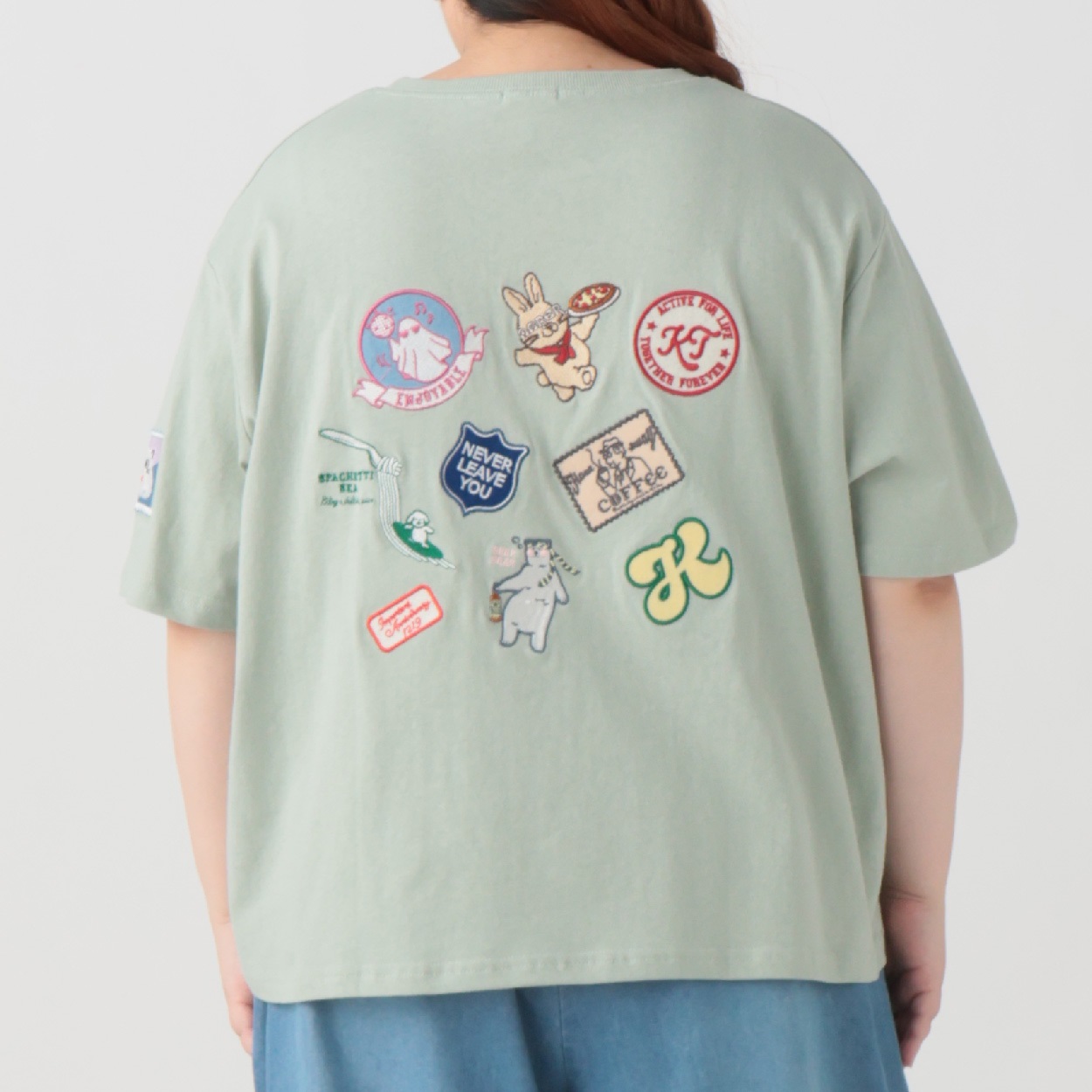 【EC限定 5Lサイズセール】5分袖綿100％ワッペンTシャツ レディス ぽっちゃりサイズのnoannu 130622(グリーン-4L)