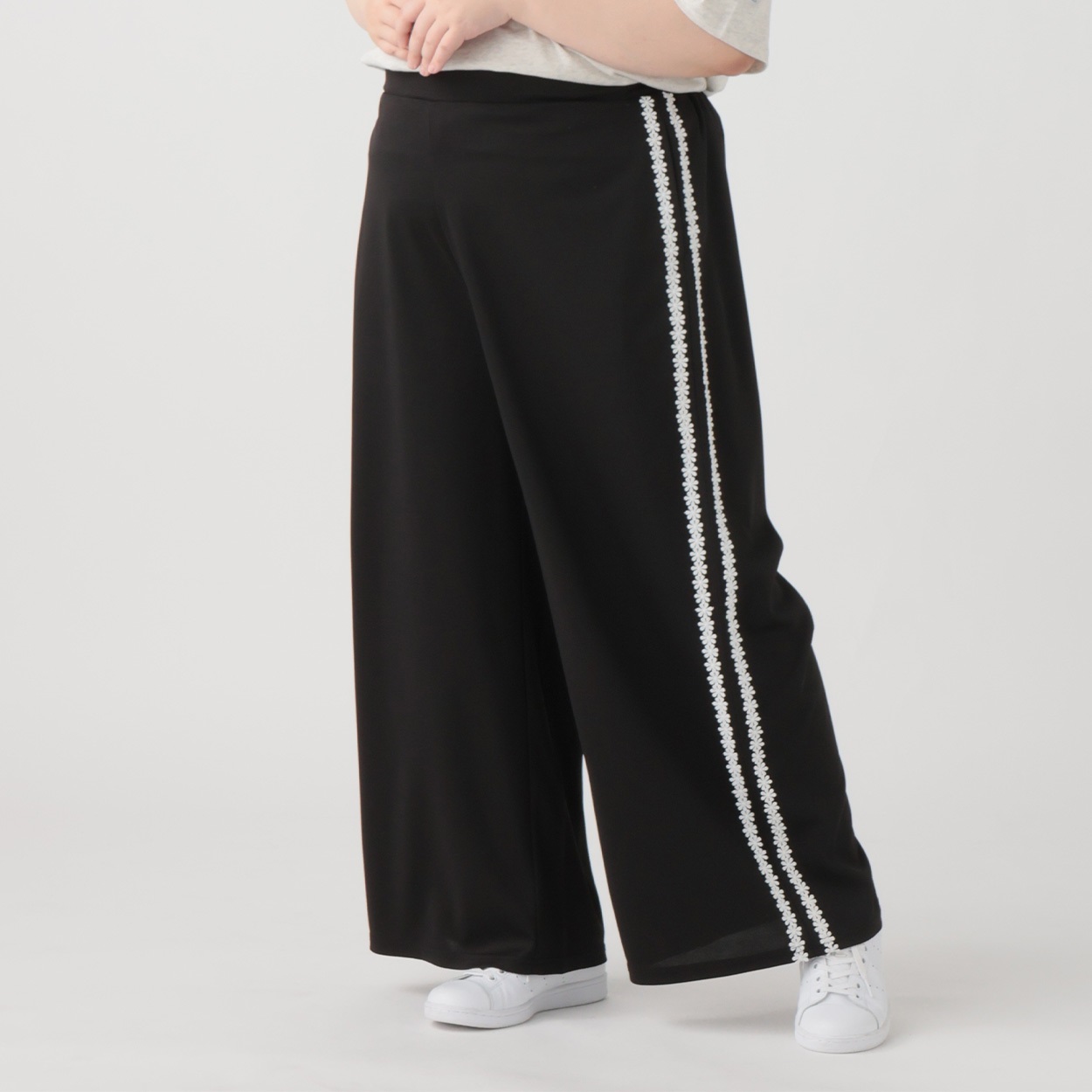 【EC限定 5Lサイズセール】＊韓国っぽガーリー＊カットツイル脇レースパンツ レディス ぽっちゃりサイズのnoannu 336532(ブラック-4L)