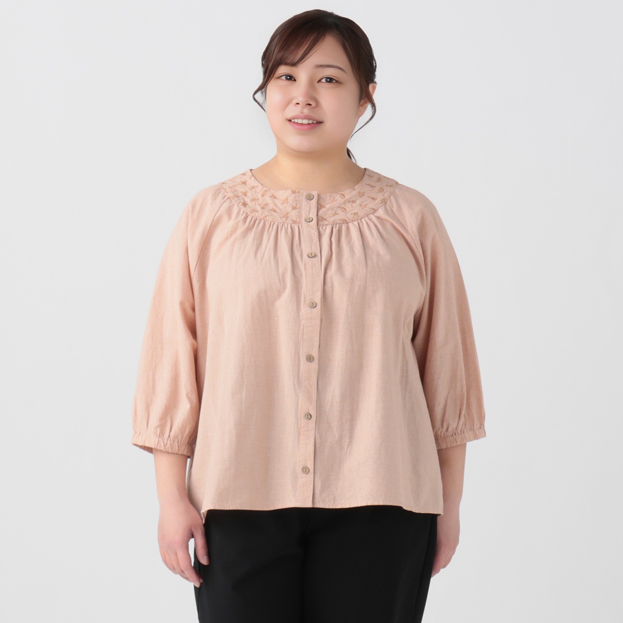 綿麻ヨーク刺繍ブラウス レディス 大きいサイズ noannu 232310L
