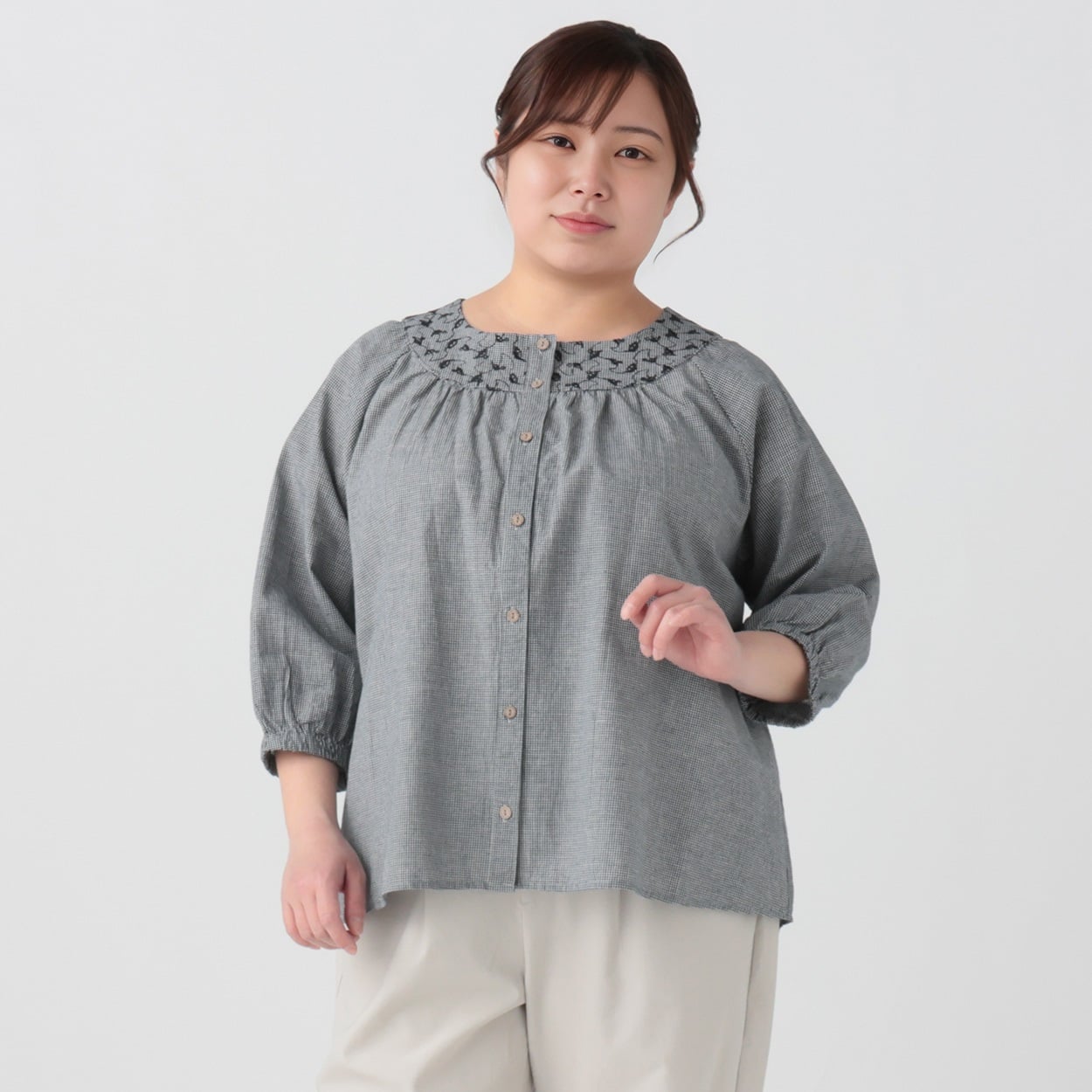 綿麻ヨーク刺繍ブラウス レディス 大きいサイズ noannu 232310L