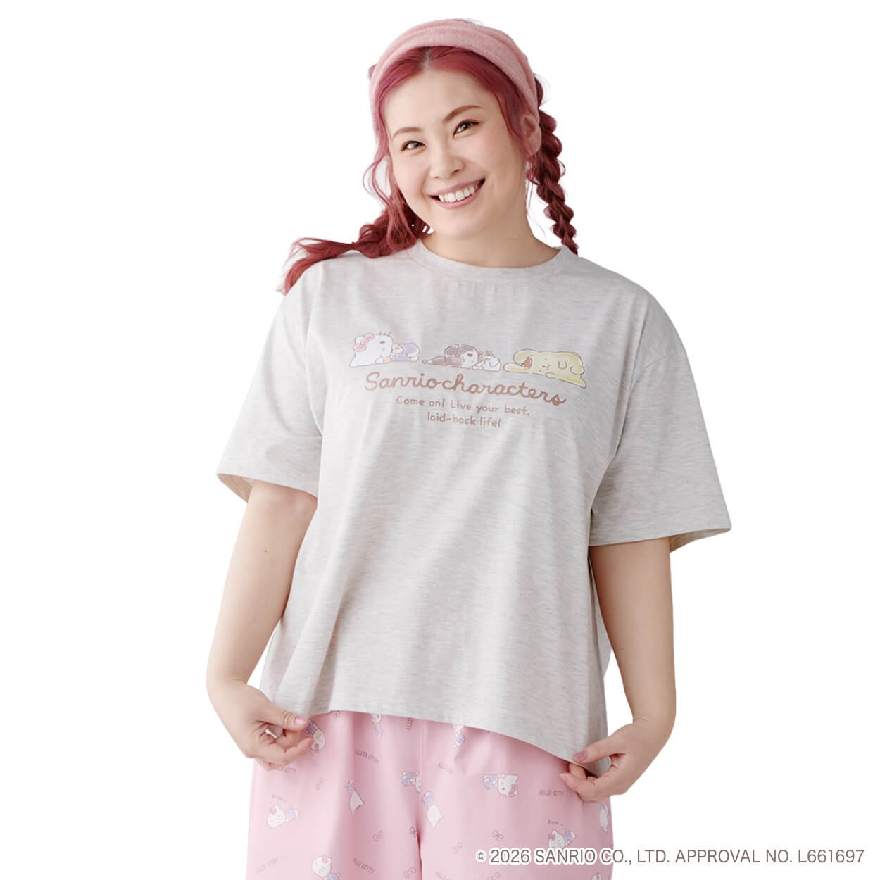 サンリオキャラクターズコラボ おやすみTシャツ レディス ぽっちゃりサイズのnoannu 2286143(ハローキティ・クロミ・ポムポムプリン-4L)
