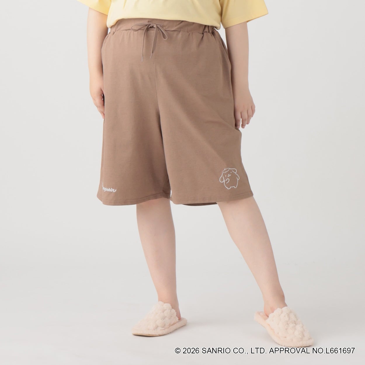 【EC限定 5Lサイズセール】サンリオキャラクターズコラボ 無地ハーフパンツ レディス ぽっちゃりサイズのnoannu 2286146(ポムポムプリン-5L)