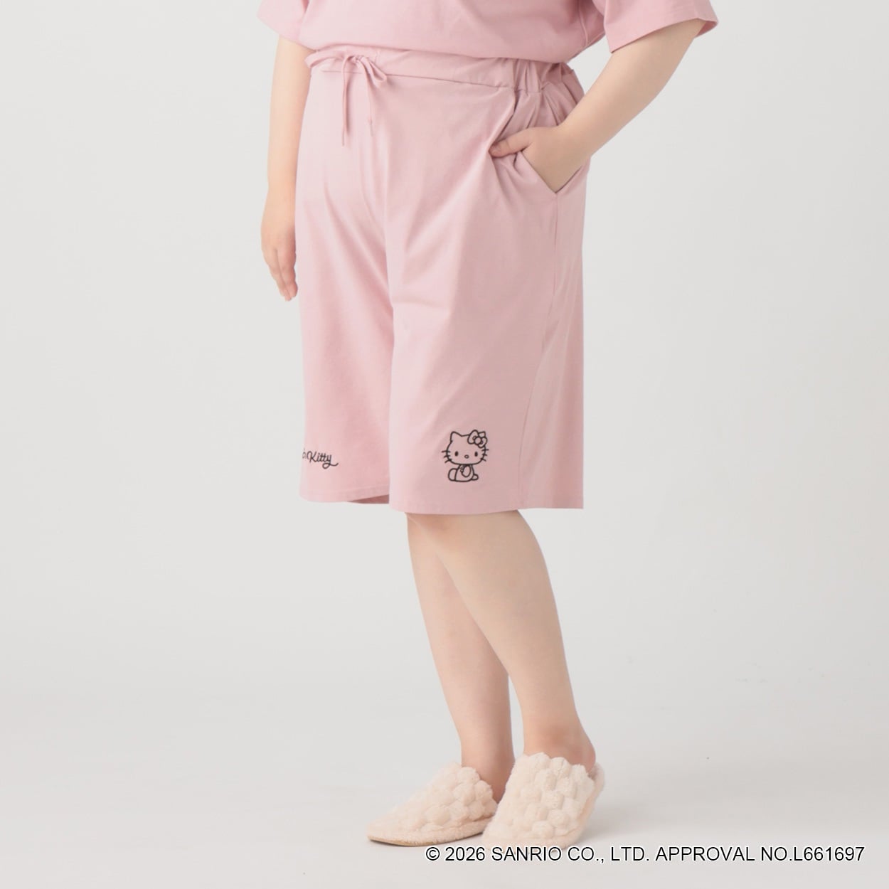 【EC限定 5Lサイズセール】サンリオキャラクターズコラボ 無地ハーフパンツ レディス ぽっちゃりサイズのnoannu 2286146(ハローキティ-3L)