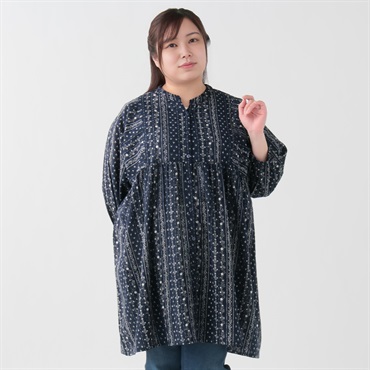 綿シフリー縦花プリントチュニック レディス 大きいサイズ noannu 315-4694-26(ネイビー-3L)