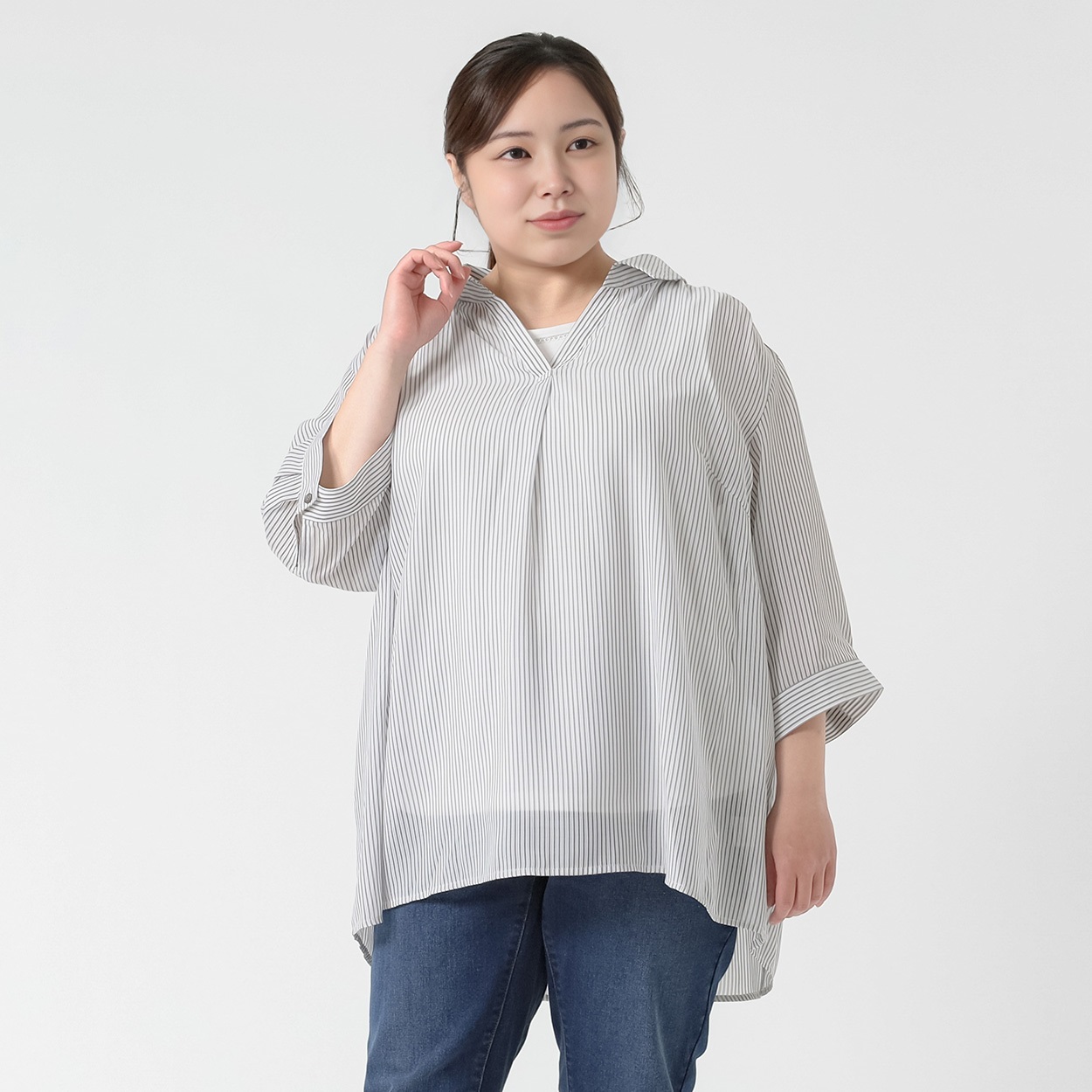 シアーストライプシャツアンサンブル レディス 大きいサイズ noannu