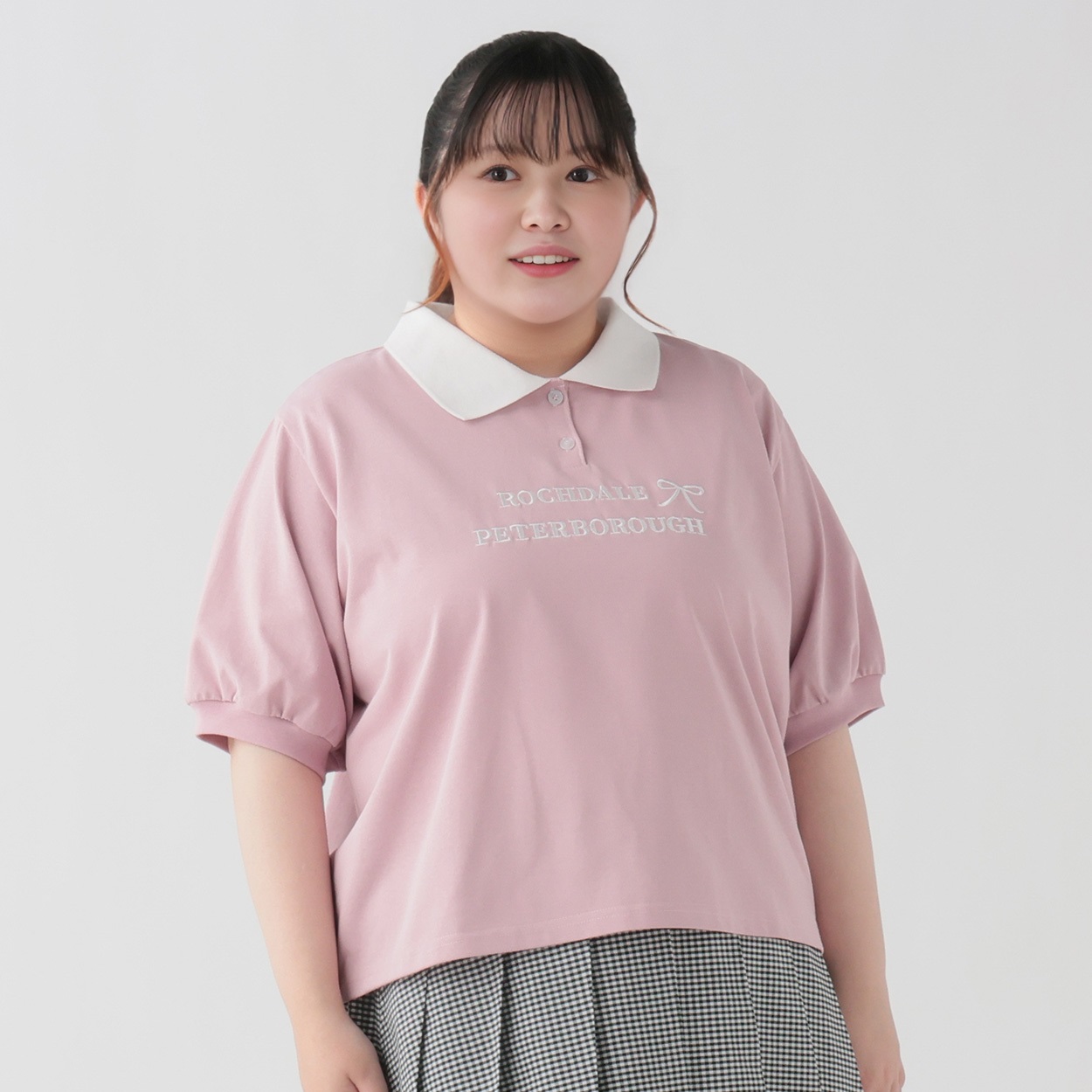 韓国っぽガーリー＊衿配色天竺ポロプルオーバー レディス ぽっちゃり