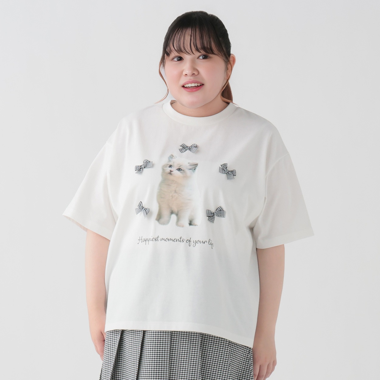 韓国っぽガーリー＊ネコプリントリボンTシャツ レディス ぽっちゃり 