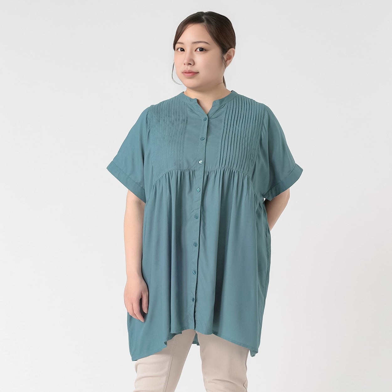 レーヨンピンタック前開きチュニック レディス 大きいサイズ noannu 315-5691-26(グリーン-5L)