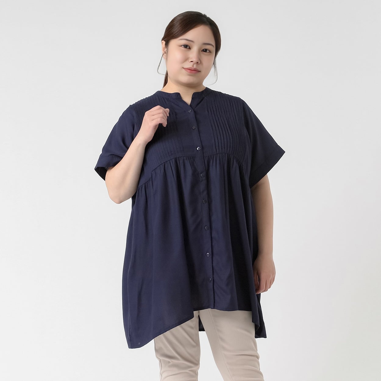 レーヨンピンタック前開きチュニック レディス 大きいサイズ noannu 315-5691-26(ブルー-4L)