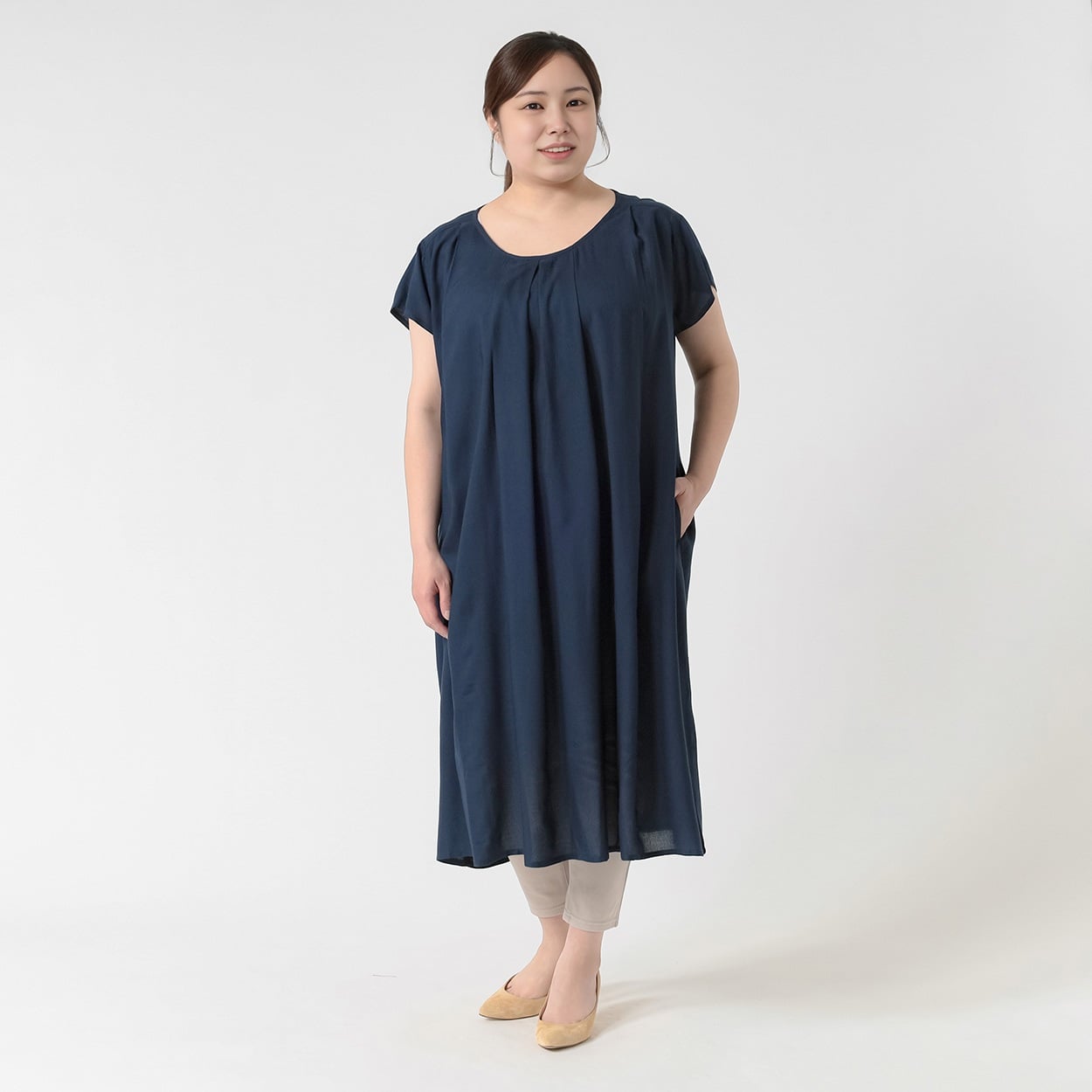 レーヨン前タックワンピース レディス 大きいサイズ noannu 315-5692-26(ブルー-4L)