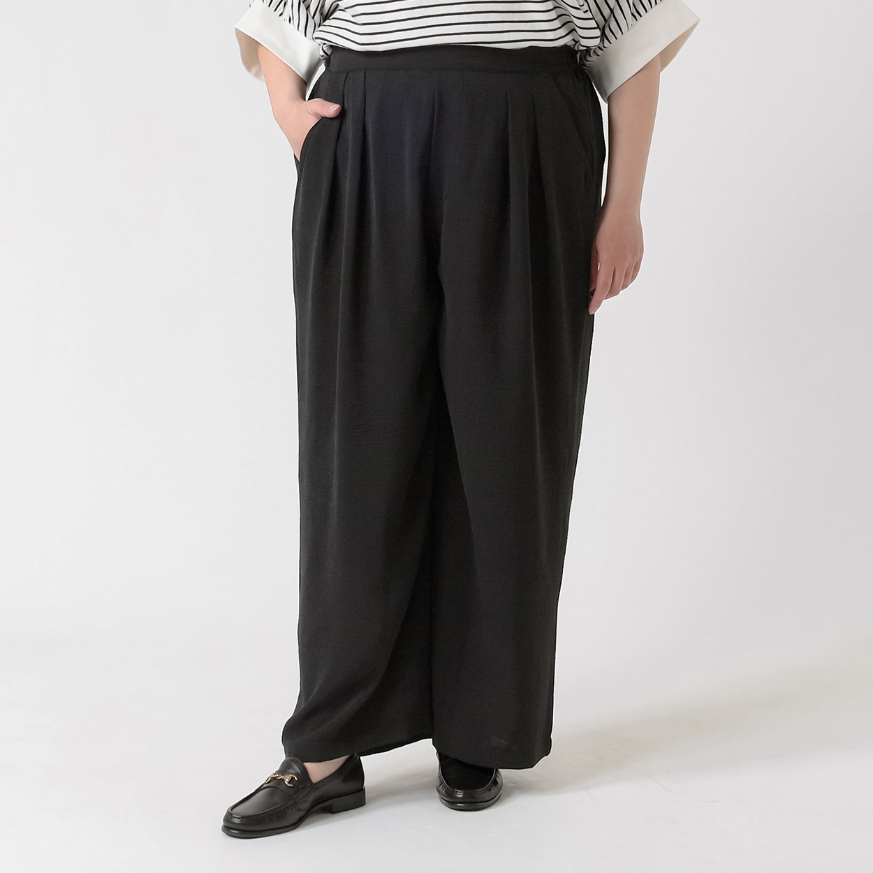 とろみウェーブワイドパンツ レディス 大きいサイズ noannu 396-5400-AR(ブラック-5L)