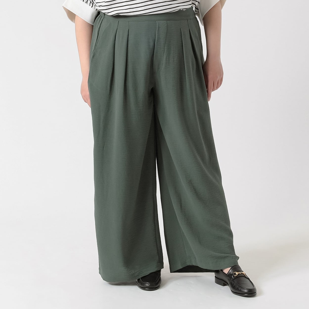 とろみウェーブワイドパンツ レディス 大きいサイズ noannu 396-5400-AR(グリーン-LL)