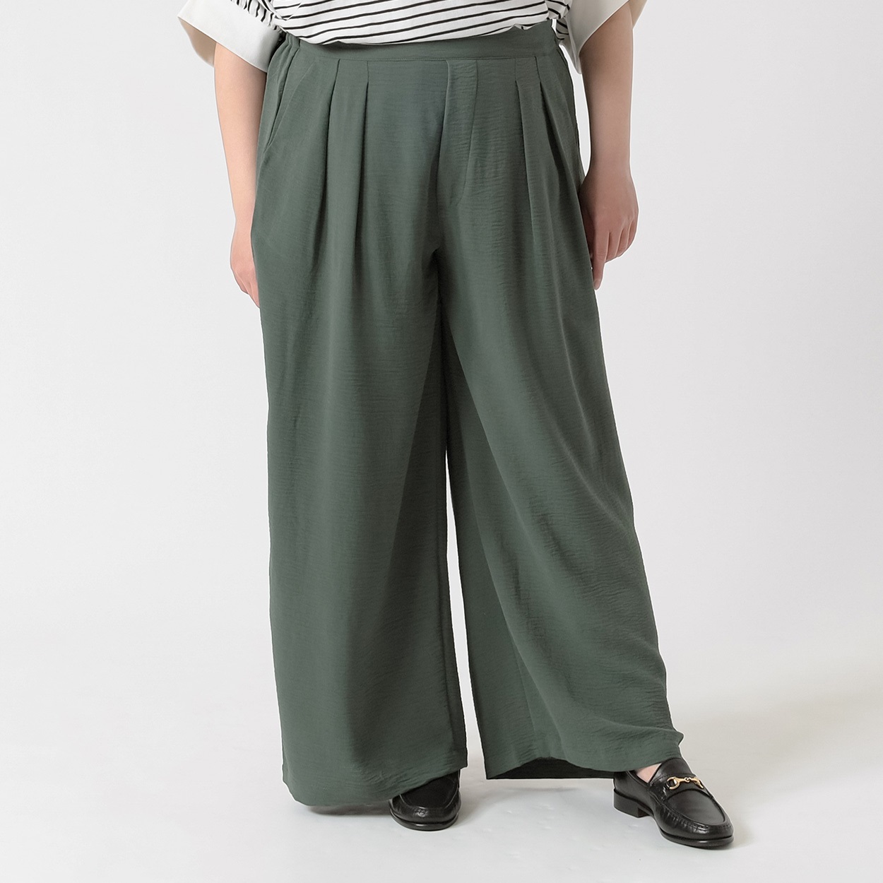 とろみウェーブワイドパンツ レディス 大きいサイズ noannu 396-5400-AR(グリーン-3L)
