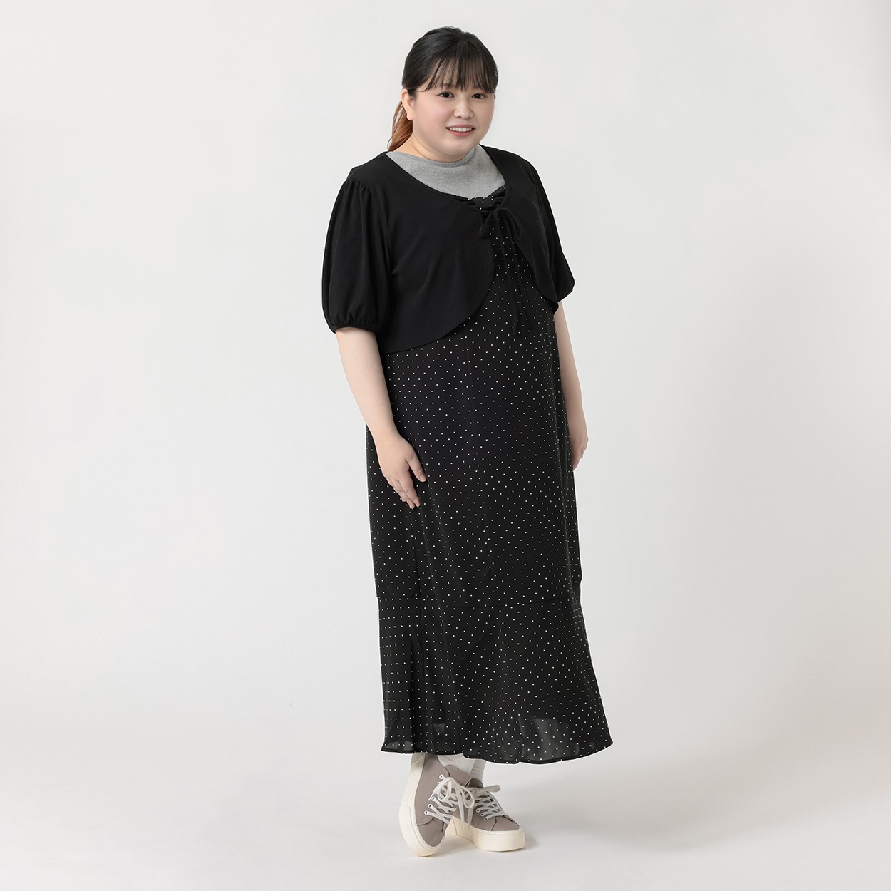 パフカーディガン×リボンワンピースアンサンブル レディス ぽっちゃりサイズのnoannu 511588LN(ブラック-4L)