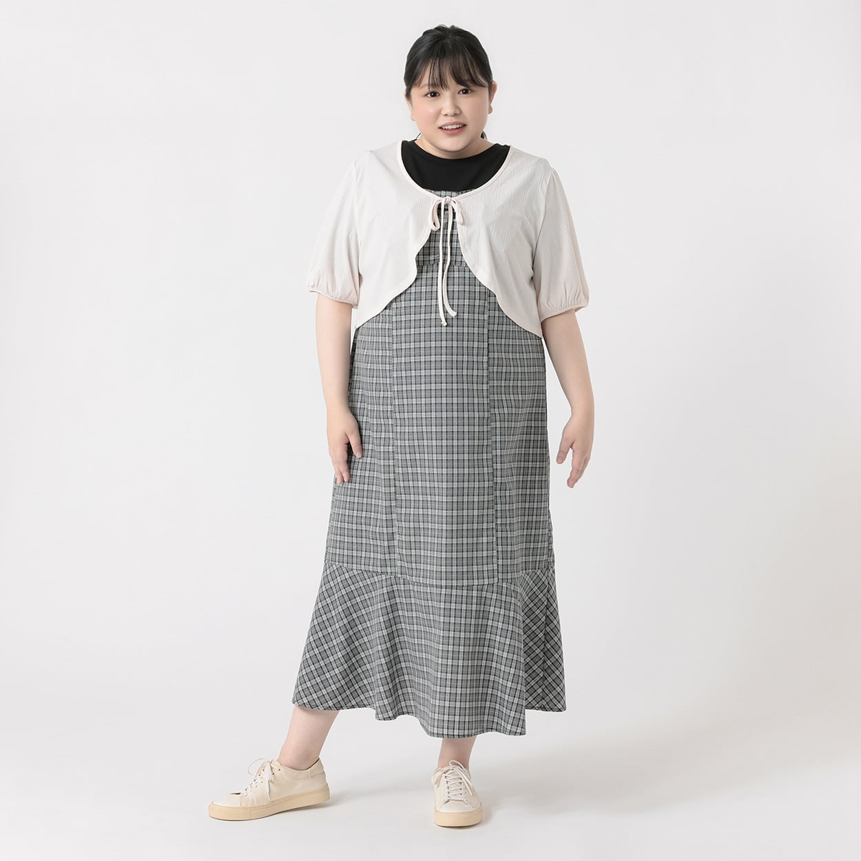 パフカーディガン×リボンワンピースアンサンブル レディス ぽっちゃり