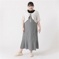 パフカーディガン×リボンワンピースアンサンブル レディス ぽっちゃりサイズのnoannu 511588LN(グレーチェック-LL)
