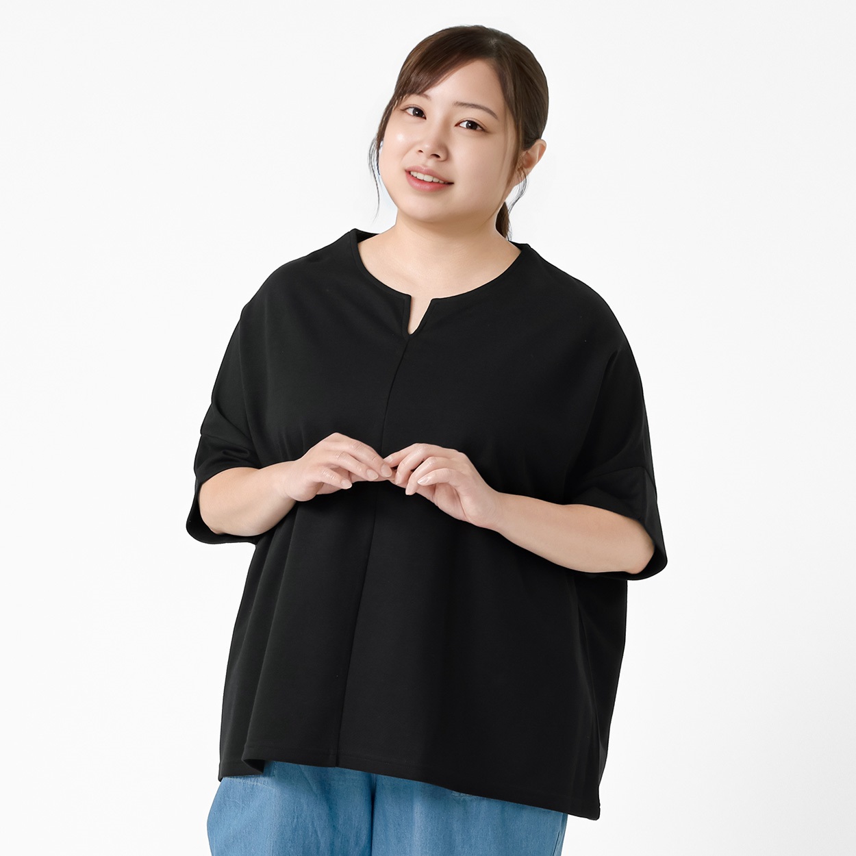 ＊体型カバー（首周り）＊裏メッシュキーネックプルオーバー レディス 大きいサイズ noannu 651303TK(ブラック-5L)