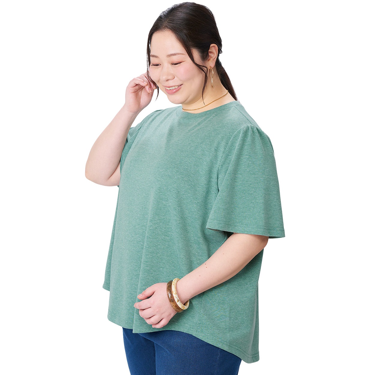 ＊体型カバー（お腹周り）＊裏メッシュフレアスリーブチュニック レディス 大きいサイズ noannu 651304TK(グリーン-5L)