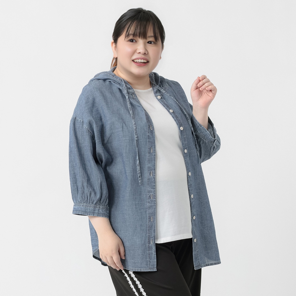 シアーデニムフードシャツ レディス ぽっちゃりサイズのnoannu 396900