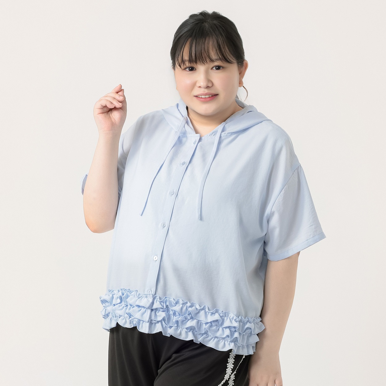 裾フリルフードシャツ レディス ぽっちゃりサイズのnoannu 396902(ブルー-4L)