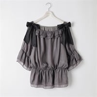 ＊韓国っぽガーリー＊ラメオーガンジーリボンブラウス レディス ぽっちゃりサイズのnoannu 276086(チャコール-LL)