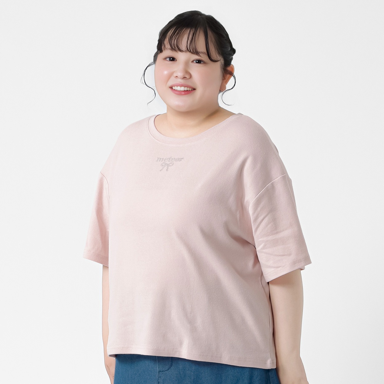 5分袖ラインストーンリボンTシャツ レディス ぽっちゃりサイズのnoannu 130759(ピンク-4L)