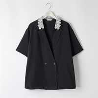 ＊韓国っぽガーリー＊衿レース半袖テーラージャケット レディス ぽっちゃりサイズのnoannu 326304(ブラック-LL)