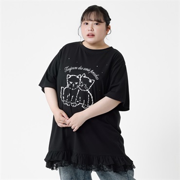 ＊韓国っぽガーリー＊ネコプリントフリルTワンピース レディス ぽっちゃりサイズのnoannu 376292(ブラック-LL)