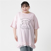 ＊韓国っぽガーリー＊ネコプリントフリルTワンピース レディス ぽっちゃりサイズのnoannu 376292(ピンク-LL)