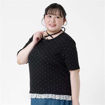 ＊韓国っぽガーリー＊ラメドットテレコレースTシャツ レディス ぽっちゃりサイズのnoannu 276125(ブラック-LL)