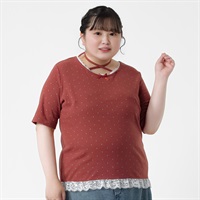 ＊韓国っぽガーリー＊ラメドットテレコレースTシャツ レディス ぽっちゃりサイズのnoannu 276125(レッド-LL)