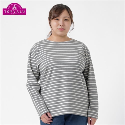 ＊TOPVALU＊コットン100長袖Tシャツ レディス 大きいサイズ noannu TV1123A6186(杢チャコール×アイボリー-LL)