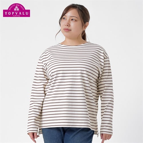 ＊TOPVALU＊コットン100長袖Tシャツ レディス 大きいサイズ noannu TV1123A6186(アイボリー×ブラウン-LL)